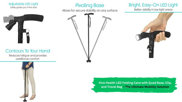 Vive Health LED Folding Cane with Quad Base, Clip, and Travel Bag – The Ultimate Mobility Solution