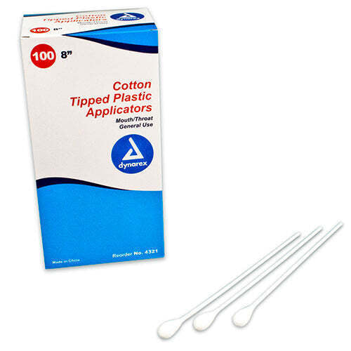 Dynarex Mouth/Throat Cotton Tipped Applicators, 8 Inches, Box of 100