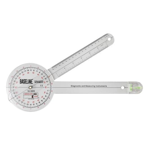 Baseline Absolute Axis 360 Degree Goniometer, 12-inch length with integrated vertical and horizontal levels for precise joint range of motion measurements, Moovkart