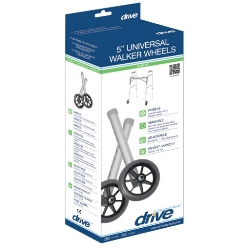 Drive Medical Universal Walker Wheels 5 Inches Fixed With Rear Glide Caps,  pair