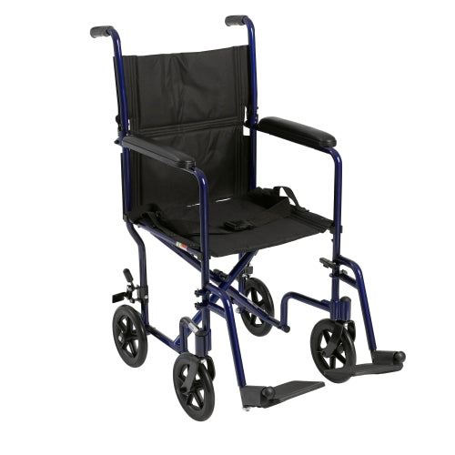 Drive Medical Lightweight Transport Wheelchair, Blue, 17 Inches, with swing-away footrests for easy mobility and convenience. Moovkart