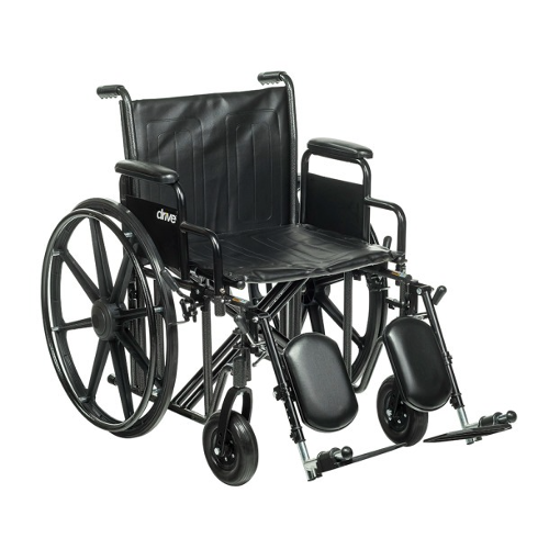 Drive Medical Economy Wheelchair with removable full arms, swing-away footrests, adjustable legrests and padded armrests for comfort. Moovkart