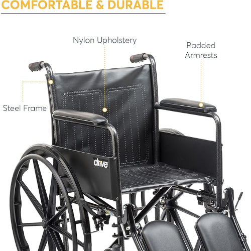 Drive Medical Wheelchair Econ Rem Full Arms With Elevating Legrests, 18 Inches