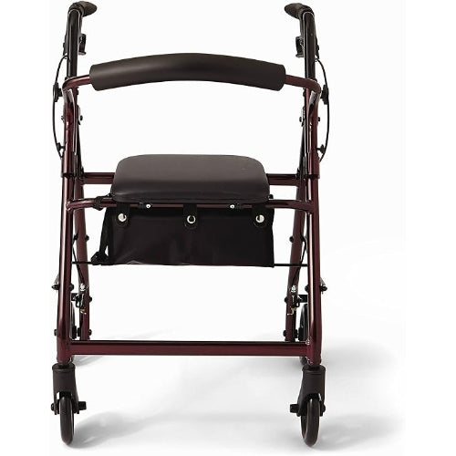 Medline Aluminum Rollator, 4-Wheel, Loop Brakes, Burgundy, 6-Inch Casters, Folding with Pouch