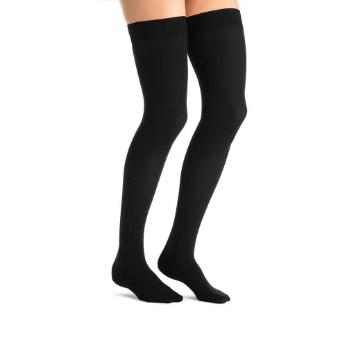 Jobst Opaque Thigh-High Closed Toe Compression in Black with a compression level of 20-30 mmHg, designed for comfort and support, Moovkart.