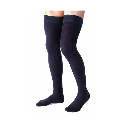 Jobst for Men black thigh-high compression stockings, medium size.