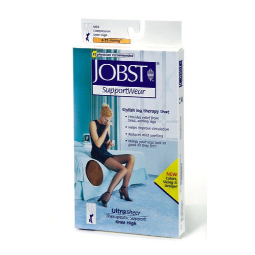 Jobst Ultrasheer sheer pantyhose in silky beige, 8-15 mmHg compression, small size.