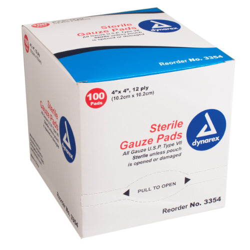 Dynarex Gauze Pad , Sterile-1's, 4 x 4 Inches, 12 ply, 100 per Box