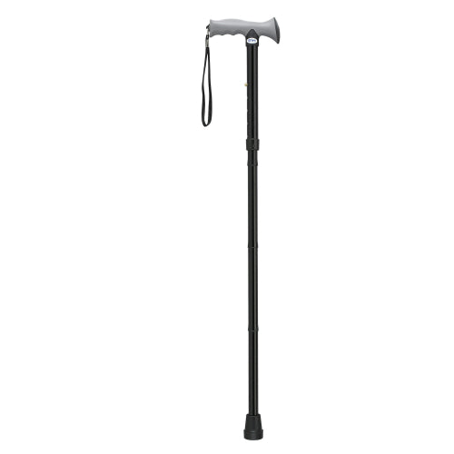 Drive Medical Aluminum Folding Cane with Gel Hand Grip in Black, featuring a foldable design, adjustable height at Moovkart