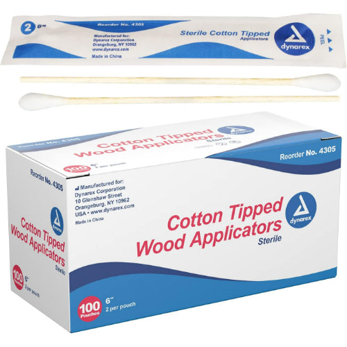 Dynarex Cotton Tip Applicators 6 Inches, Sterile, Box of 100