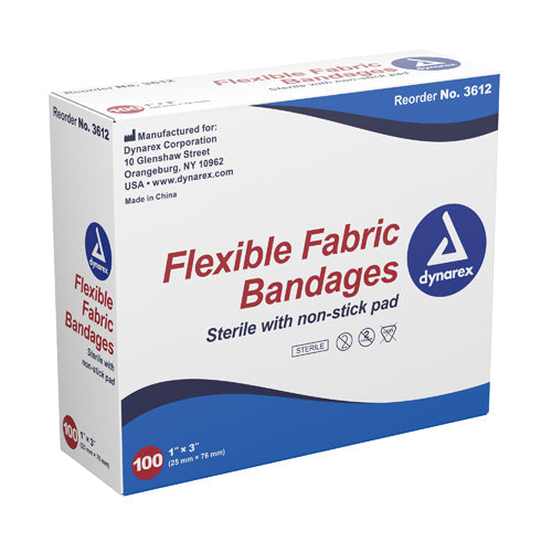 Box of 100 sterile flexible fabric bandages, 1 inch by 3 inches