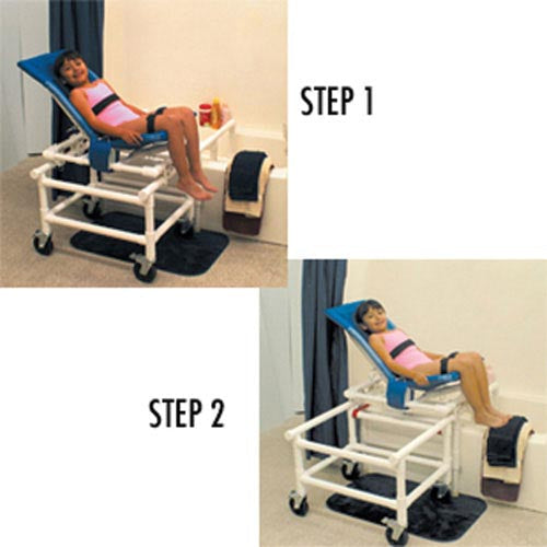 PVC dual shower and transfer chair with articulating seat and one-step lock