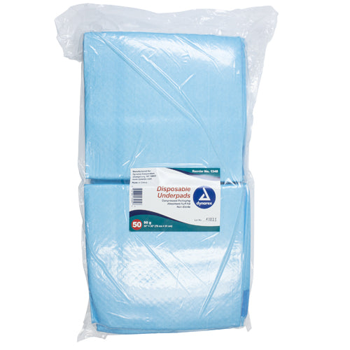 Dynarex Disposable Underpads 30 x 36 Inches with Polymer, Leak-Proof, Non-Skid Blue Backing, Box of 100, Moovkart