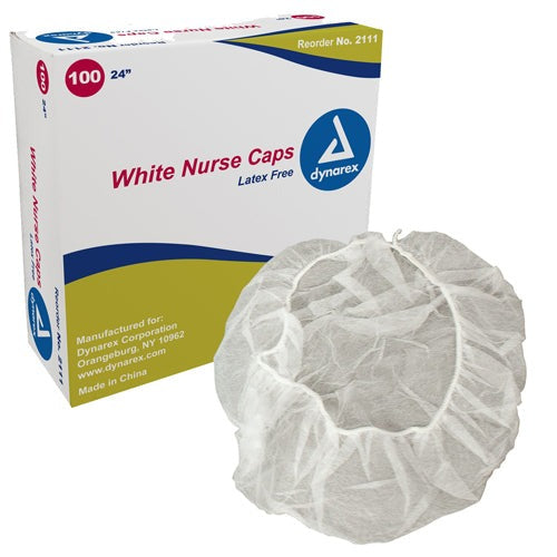 Dynarex white 24-inch surgical caps, breathable, latex-free, box of 100, comfortable, hygienic, Moovkart