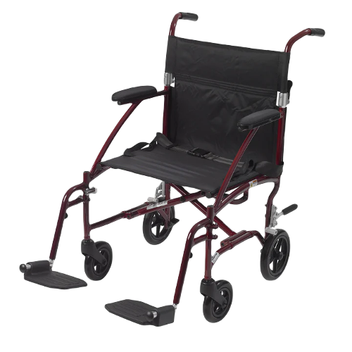 Drive Medical Fly-Lite transport chair in burgundy, 19-inch seat, lightweight and durable design for easy mobility and transport, Moovkart.