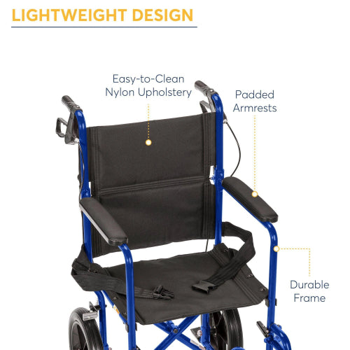 Drive Medical Expedition Aluminum Transport Chair with Loop Locks, Blue