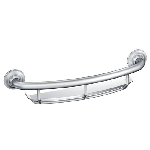 Moen 16-inch Grab Bar with Integrated Shelf, Chrome finish, SecureMount, corrosion-resistant, supports up to 250 lbs for bathroom safety. Moovkart