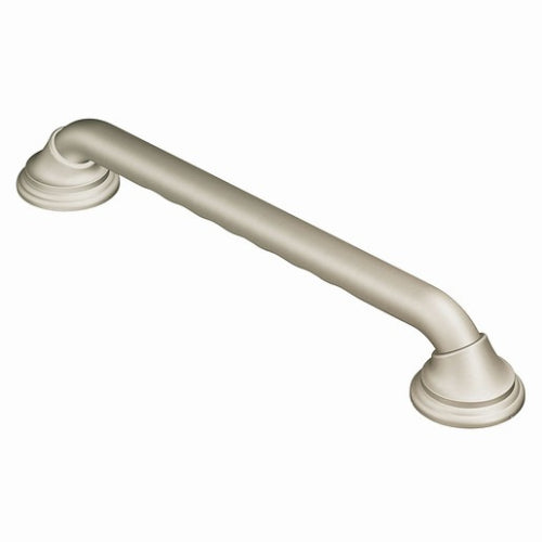 Moen Ultima Grab Bar with brushed nickel finish and secure curl grip, with 16-inch length. Moovkat.