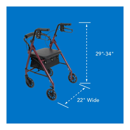 ProBasics Junior Rollator, Burgundy, 6 Inches Wheels, Adjustable Height, Lightweight Aluminum Frame