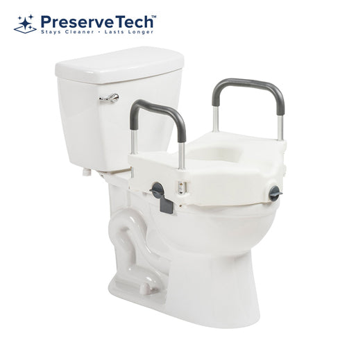 PreserveTech Secure Lock Raised Toilet Seat by Drive Medical - Adds 5 Inches of height, three locking points, padded armrests, antimicrobial protection.