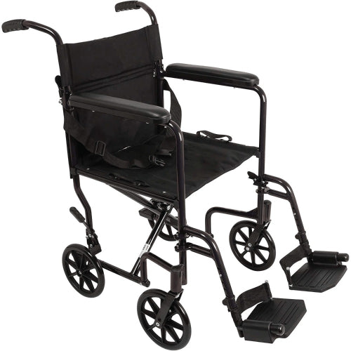 ProBasics Aluminum Lightweight Transport Wheelchair, 19-Inch Seat, Black, with foldable frame and padded armrests for Smooth mobility. Moovkart