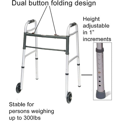 ProBasics Folding Aluminum Junior Walker, 5 Inches Wheels, 2-Button Release