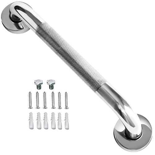 Medline Grab Bar Knurled Chrome 16 Inches with Non-Slip Grip,Moovkart