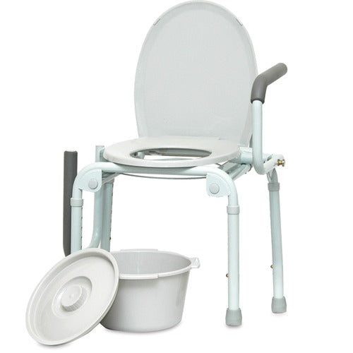 ProBasics Drop-Arm Commode for enhanced safety. Features a steel frame, adjustable height, removable backrest, and  7.5-quart bucket, Moovkart.