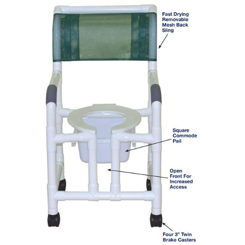 MJM International Shower Chair with 3-Inch Twin Casters, True Vertical Open Front, Double Drop Arms, and 10-Quart Slide-Out Commode Pail