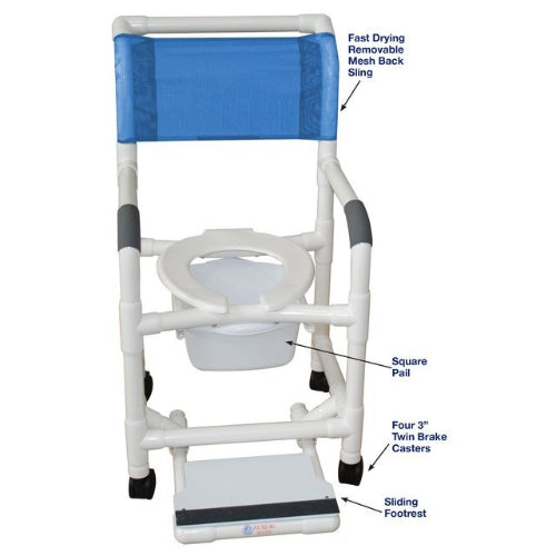 MJM International Shower Chair with Sliding Footrest, 10 Quart Commode Pail, Open Front Seat, 3 inch Twin Casters, 300 lbs Capacity