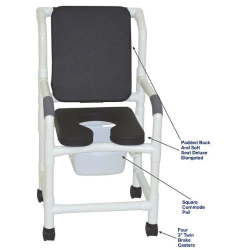 MJM International Superior Shower Chair With Padded Back And Soft Seat Deluxe Elongated With Square Pail