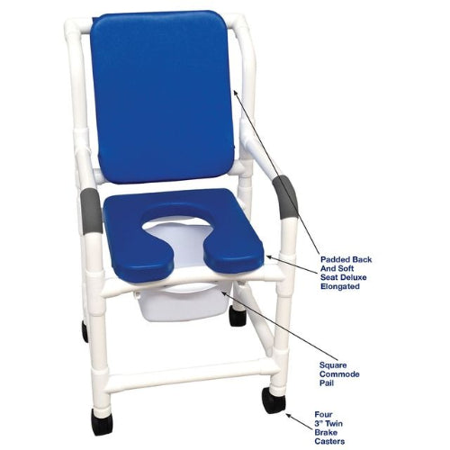 MJM International Superior Shower Chair with Padded Back and Soft Seat Deluxe Elongated, featuring slide-out commode pail for convenience.