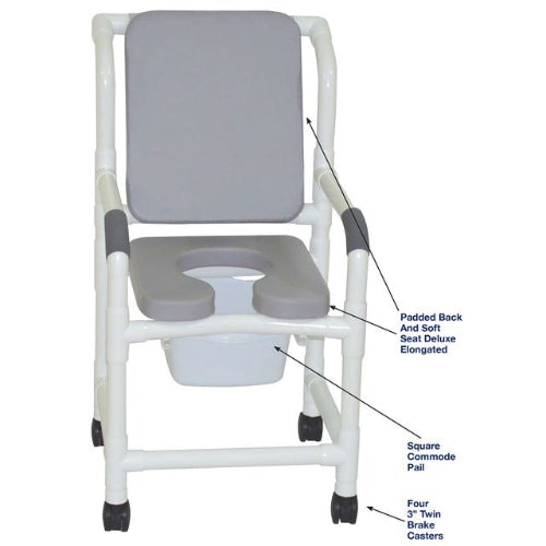 MJM International Superior Shower Chair With Padded Back And Soft Seat Deluxe Elongated With Square Pail