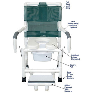 MJM International Shower Chair with 18 Inches Width, Double Drop Arms, and Commode Pail, 300 lb Capacity