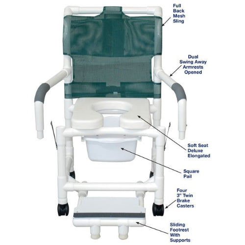 MJM International Shower Chair with 18 Inches width, double drop arms, and commode pail, 300 lb weight capacity