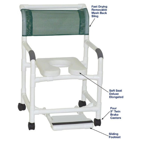 MJM International Wide Shower Chair 22 inch Internal Width with Deluxe Open Front Soft Seat and Sliding Footrest