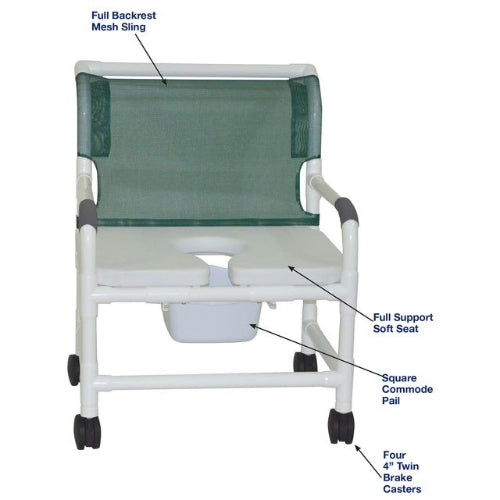 MJM International Extra-Wide Shower Chair with 26 inches internal width, soft seat with commode opening, and 425 lbs weight capacity