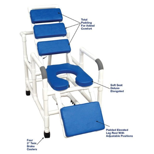 MJM Reclining Total Padding Shower Chair with Elevated Leg Extension, Open Front Soft Seat, and Total Lock Casters