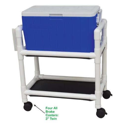 MJM International Hydration Cart with 48-quart ice chest, storage shelf, and rust-proof casters.