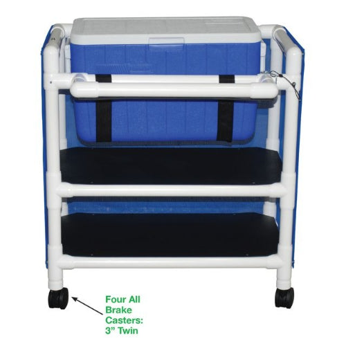 MJM International Hydration Ice Cart with skirt cover, two storage shelves, 48-quart ice chest, and deluxe twin casters.