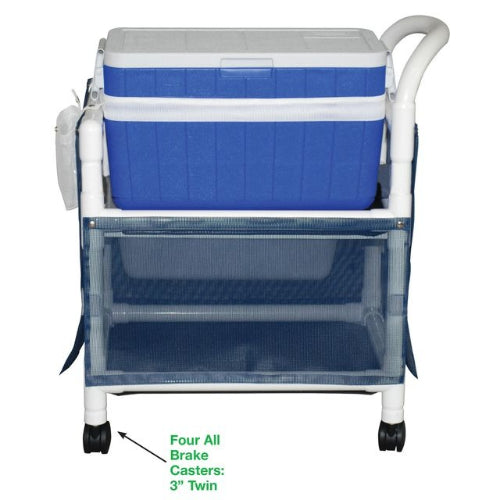 MJM International Hydration Ice Cart with 48-quart ice chest, skirt cover, pull-out tub, and rust-proof casters.