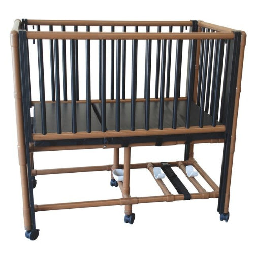 MJM International Wood Tone Pediatric Crib Bed with adjustable side rails, O2 tank holder, and 3 inch antimicrobial cushion.