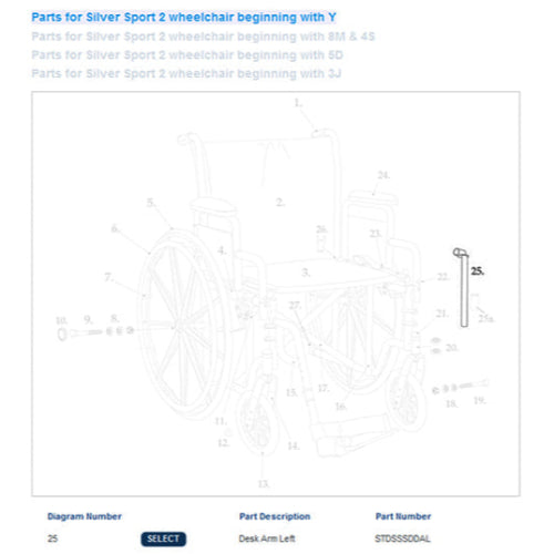 Drive Medical Desk Arm Assembly for Silver Sport Wheelchair, Left Side, providing ergonomic support for enhanced comfort and mobility. Moovkart