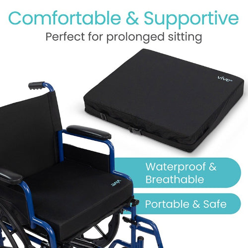 Vive Health Standard Wheelchair Cushion with Secure Attachment Strap, Black