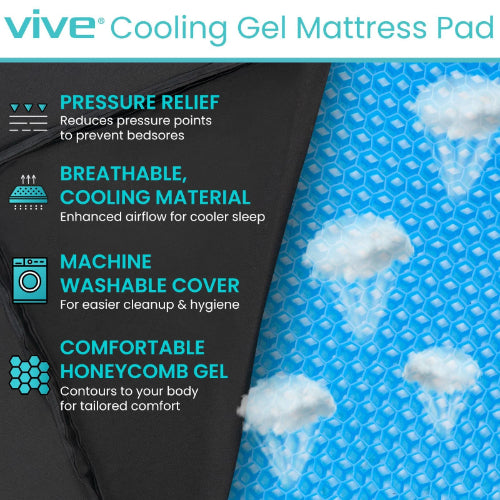 Vive Health Pressure-Relieving Cooling Gel Mattress Overlay, Washable Twin XL Bed Pad for Comfort and Support