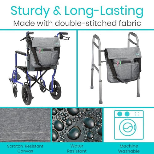 Vive Health Wheelchair Bag, Waterproof Nylon, Buckled Straps, Gray