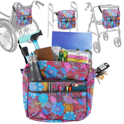 Vive Health Wheelchair Bag, Waterproof Nylon, Buckled Straps, Purple Floral