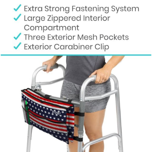 Vive Health Walker Bag with Adjustable Fasteners, Water Resistant Nylon, Americana