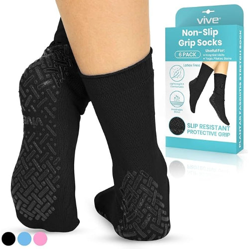 Vive Health Non-Slip Tube Socks Unisex, Tread Dots, 6 Pairs, Black