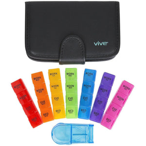 Vive Health 7-Day Travel Pill Organizer with 4 Sections and Pill Splitter, Black Leather Case